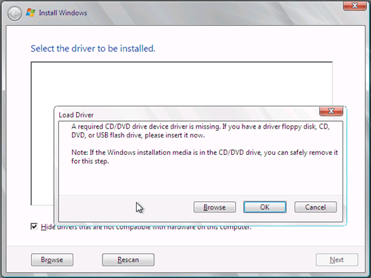 "A required CD DVD driver is missing" dialog