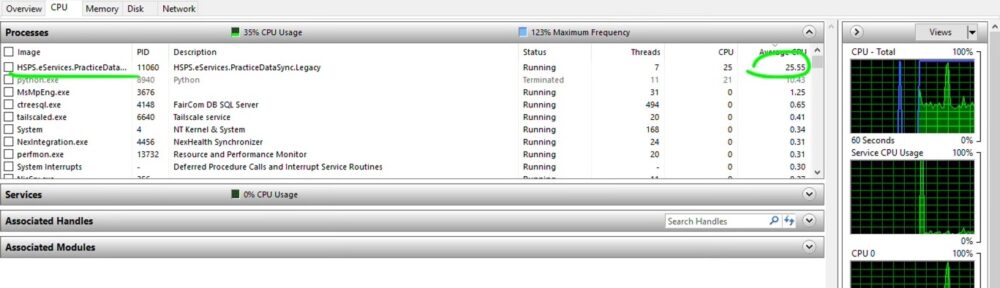 Resource Monitor showing heavy usage of Dentrix eServices